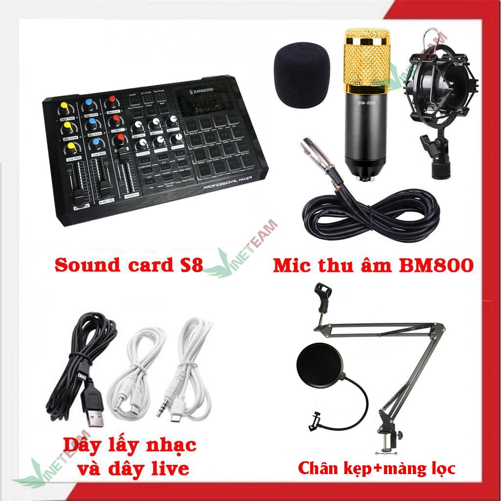 Trọn bộ HÁT LIVE STREAM sound card S8 Bluetooth Auto tune và mic BM 800 đủ phụ kiện kẹp bàn,màng lọc,tặng tai nghe