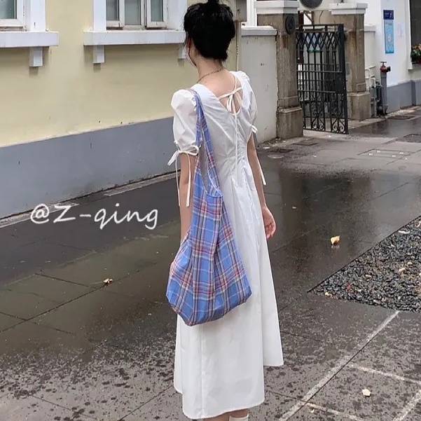 [MURIOKI] Đầm Dáng Chữ A Tay Phồng Cổ Vuông Màu Trắng Đen Phong Cách Hàn Quốc Thời Trang Cho Nữ