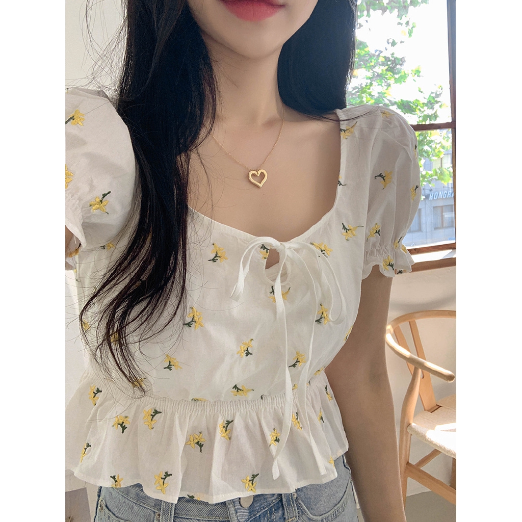 SUXI Áo Sơ Mi Tay Phồng Thêu Hoa Xinh Xắn Cho Nữ