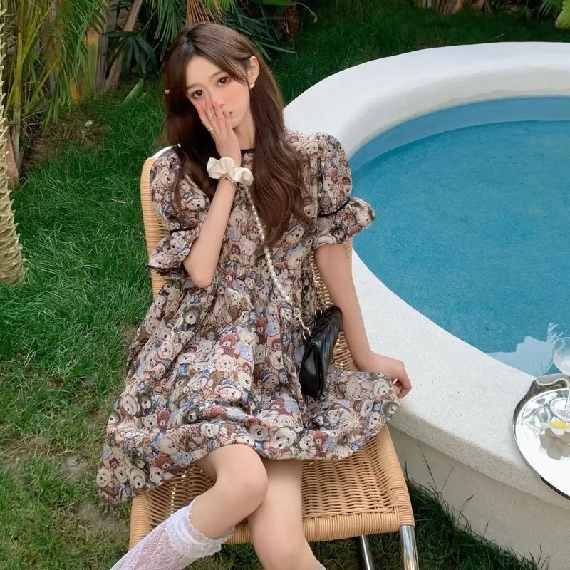 Đầm Tay Phồng In Họa Tiết Gấu Phong Cách Pháp Cổ Điển Thời Trang Mùa Hè Mới Cho Nữ