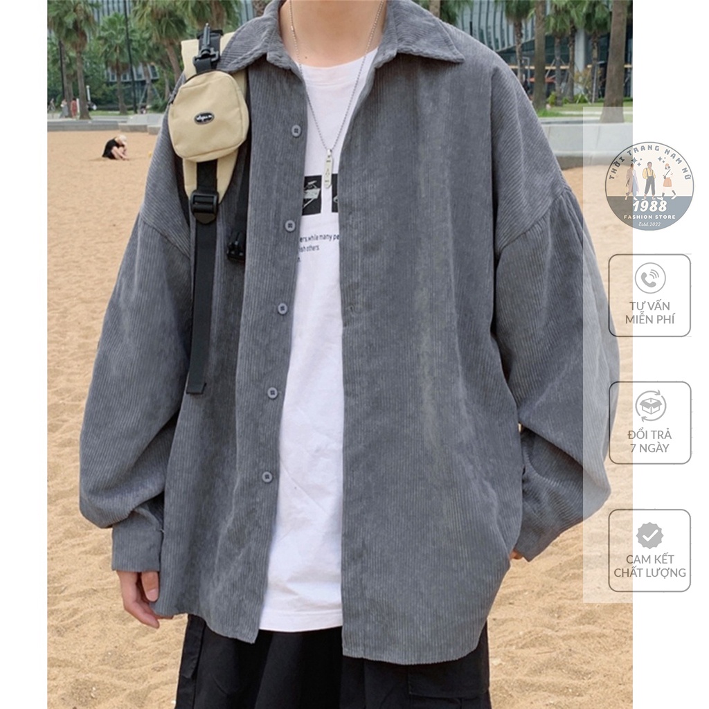 Áo Sơ Mi Nhung Tăm Nam, Áo Sơ Ni Dáng Rộng 2 Túi Ngực Thêu Logo Nam Nữ