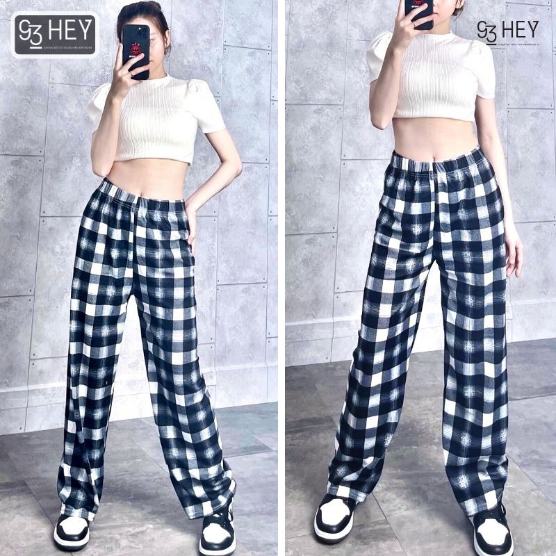 Quần suông ống rộng kẻ caro 93HEY cạp chun dáng dài cho nữ thời trang hàn quốc QOR03