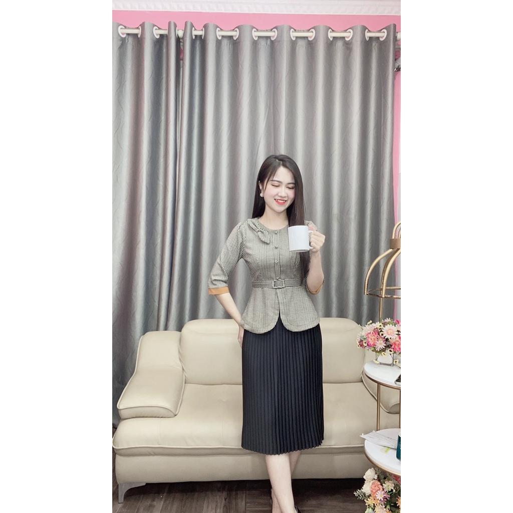 Set váy công sở nữ , Combo áo cổ tròn cúc bọc tay lỡ mix chân váy xếp ly chất liệu kate nhật cao cấp hiện đại | BigBuy360 - bigbuy360.vn
