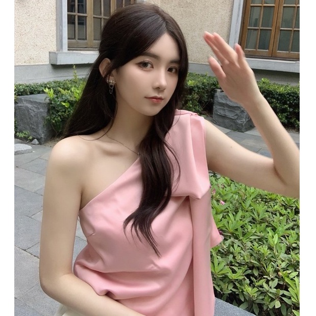 Áo kiểu nữ tiểu thư lệch vai thắt nơ Emilyshop ulzzang
