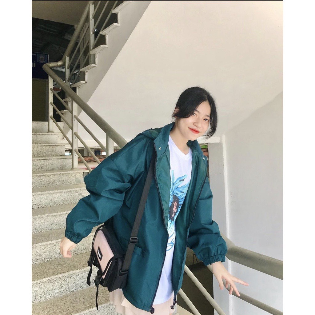 Áo khoác dù Jacket màu XANH CỔ VỊT ÁO TRƠN form rộng unisex nam nữ-nón tháo rời-UNISEX_2022