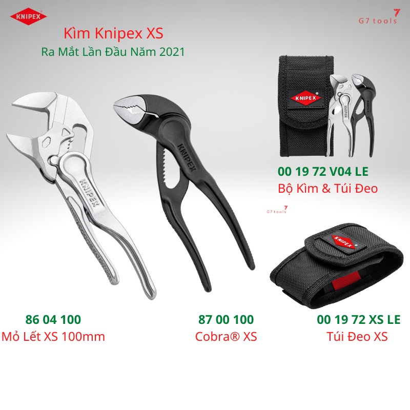 Kìm Nước Mỏ Quạ Knipex Cobra® XS 87 00 100, Kìm Mỏ Lết XS 86 04 100, Bộ Kìm 00 20 72 V04 XS, Túi Đeo Hông 00 19 72 XS LE