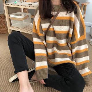 Áo Sweater Dáng Rộng Kẻ Sọc Màu Sắc Tương Phản Phong Cách Hàn Quốc Thời Trang Thu Đông Cho Nữ