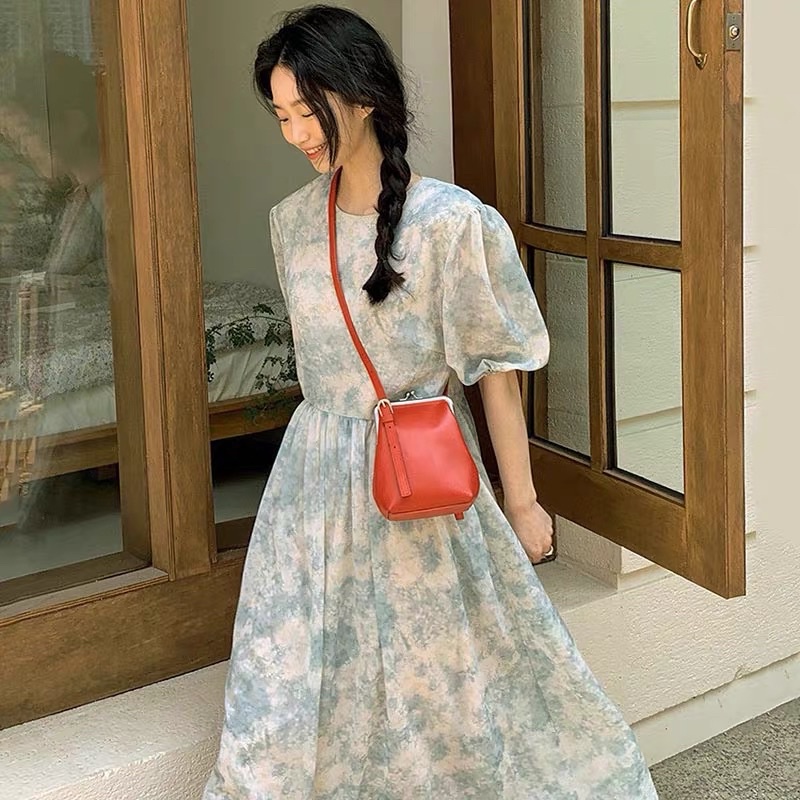 Váy MORAN voan hoa xanh loang pastel thun eo xòe dài bồng bồng vintage tiểu thư nhẹ nhàng