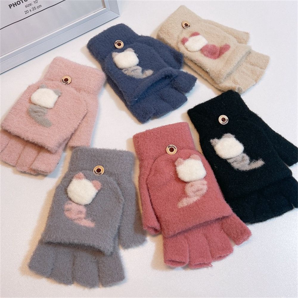 Đôi Găng Tay Lông Nhung Mềm Mại Hở Ngón Họa Tiết Mèo Dễ Thương