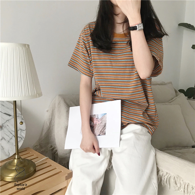 Áo Thun Ngắn Tay Họa Tiết Sọc Ngang Trẻ Trung Dành Cho Nữ