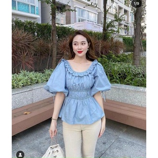 Áo peplum xanh tay phồng bèo cổ