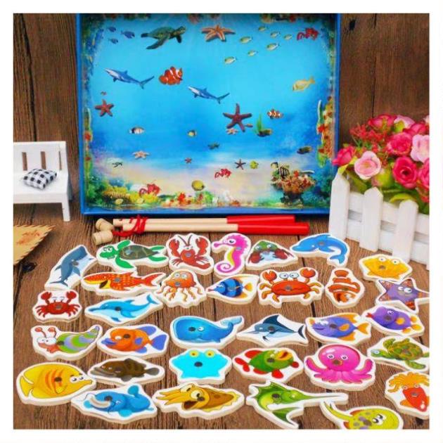 Đồ Chơi Câu Cá Gỗ- Bộ Câu cá Sinh Vật Biển Nam Châm 32 con LOẠI TO Giúp bé Rèn Luyện Khéo Léo& Tập Trung