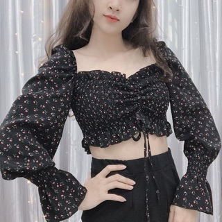 ❤️[CLIP + HÌNH THẬT] áo croptop hoa nhí rút ngực tay bo