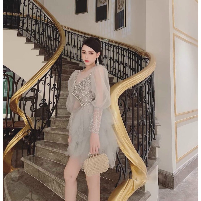 Đầm dự tiệc TRIPBLE T DRESS công chúa tay dài 1 bên kết cườm phối lưới - size M/L - MS281V