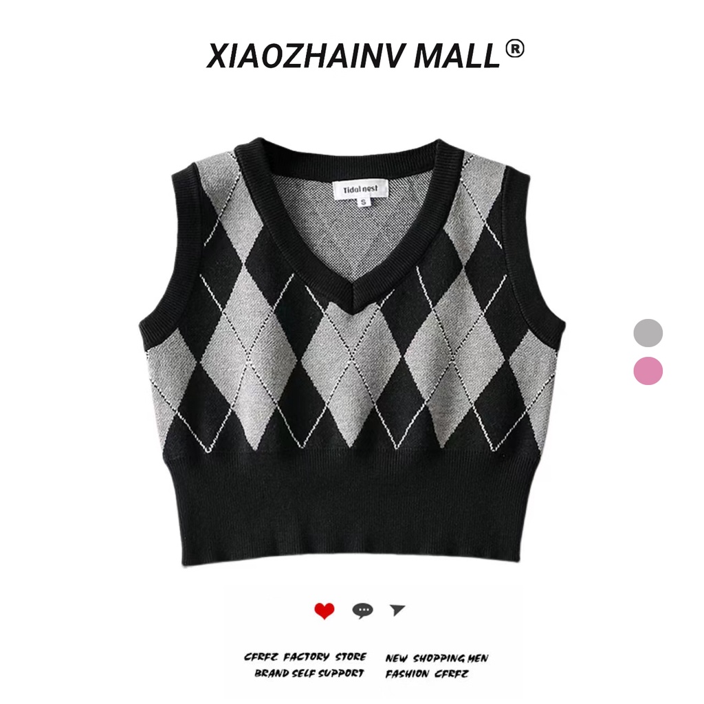 Áo Vest Dệt Kim Họa Tiết Hình Thoi Cá Tính Cho Nữ