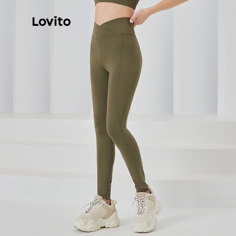 Quần legging Lovito thể thao ôm dáng trơn không lớp lót độ co giãn cao có túi L04019 (Xanh lá)