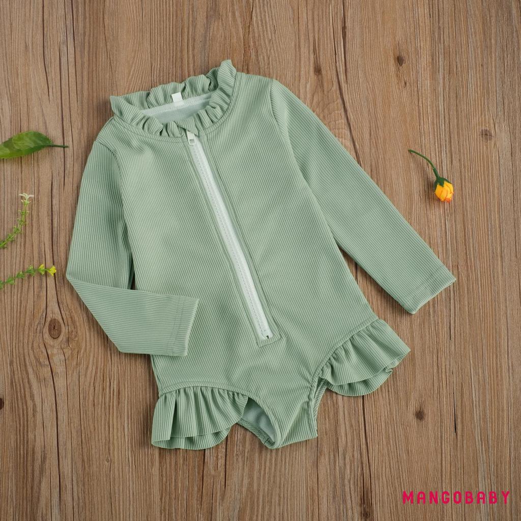 Bộ Đồ Bơi Một Mảnh Tay Dài Màu Trơn Phối Khóa Kéo Xinh Xắn Cho Bé Gái