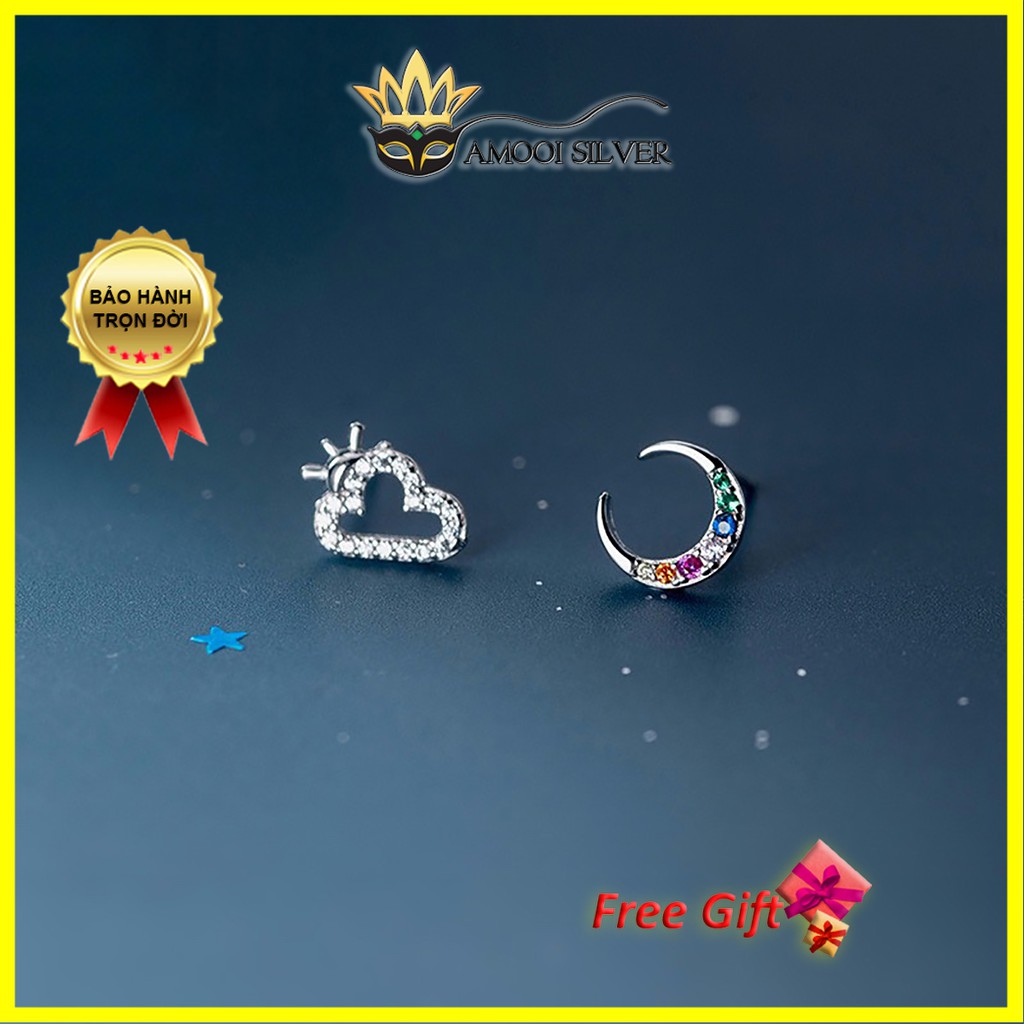 Bông tai bạc S925 mặt trăng đám mây đá ngũ sắc - Amooi Silver AB199