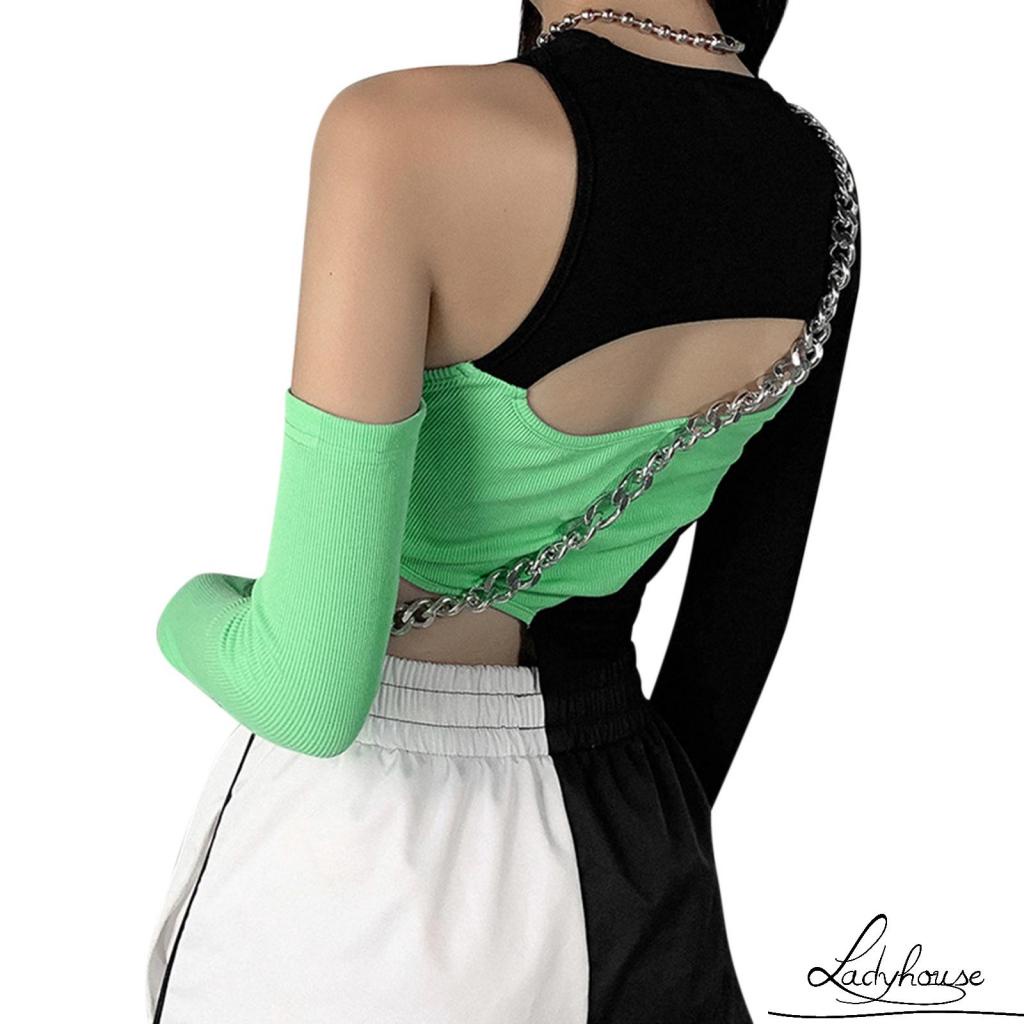 Áo Thun Tay Dài Lệch Vai Màu Sắc Tương Phản Dành Cho Nữ