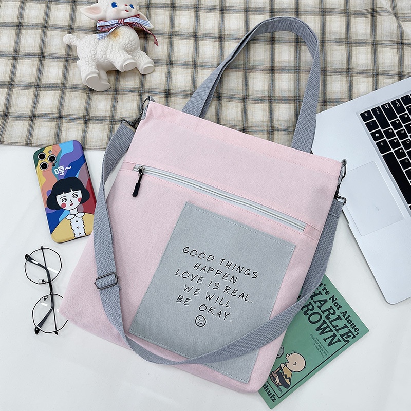 Túi Xách Canvas Phối Màu Sắc Tương Phản Thời Trang Cho Nữ