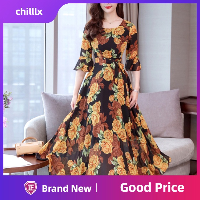 Đầm Chữ A Tay Dài In Họa Tiết Thời Trang Mùa Hè Dễ Phối Đồ Cho Nữ