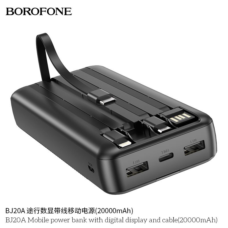 (Chính hãng) Pin sạc dự phòng borofone bj20a - 20.000 mah , có lcd , tích hợp sẵn 3 đầu cáp sạc nhanh