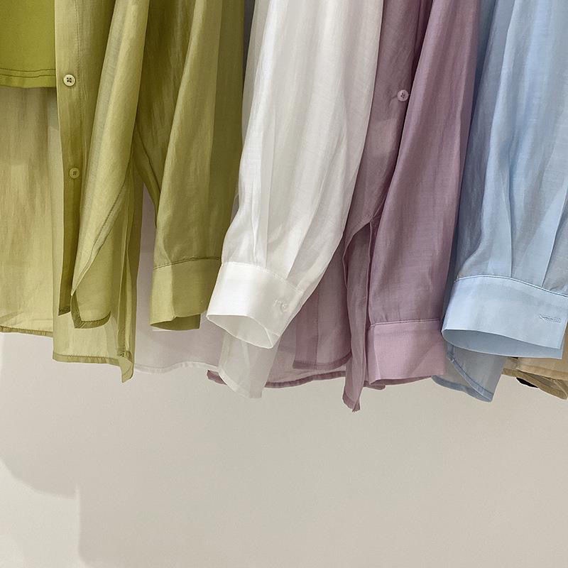 Spot Korean summer women's shirt sunscreen cardigan Tencel cotton side button semi transparent thin shirt jacket sunscreen shirt women's spring and summer loose Long Sleeve Jacket