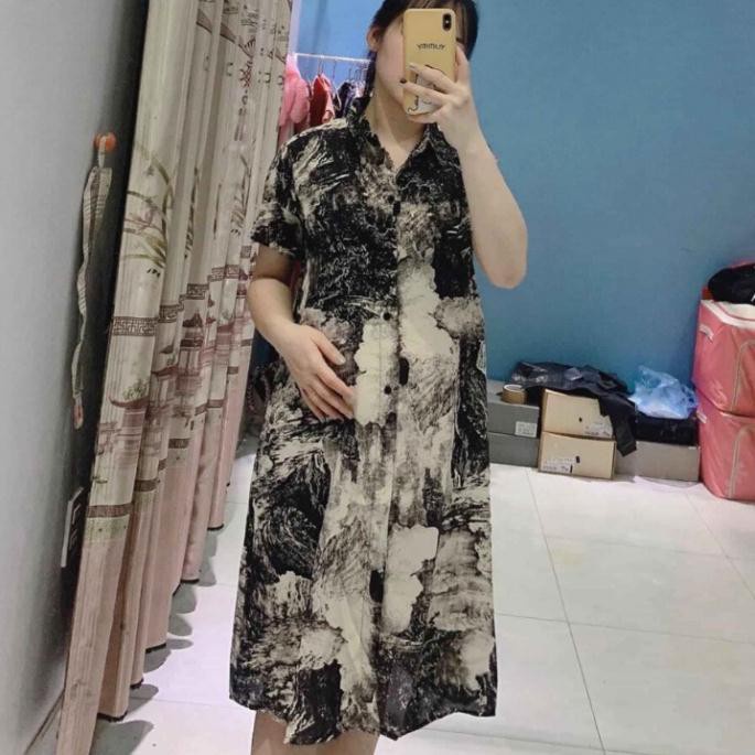 Váy Bầu Sơ Mi Loang Lụa Mềm M53 Thiết Kế Freesize từ 45-70kg