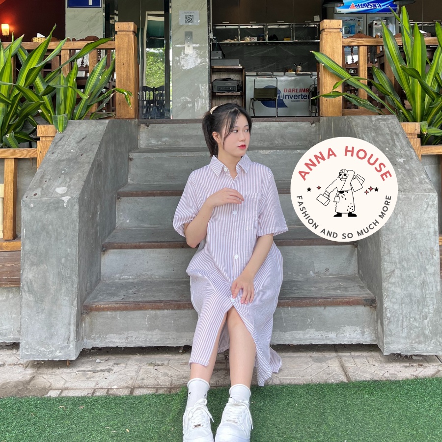 Đầm sơ mi nữ dáng suông dài tay ngắn kẻ sọc chất xốp, váy sơ mi suông dài form rộng kẻ sọc cộc tay xẻ vạt