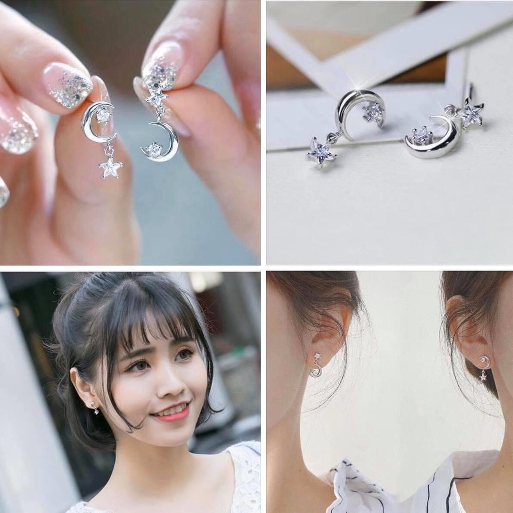 Khuyên tai bạc ta đẹp sành điệu quạt hoa trăng sao  th