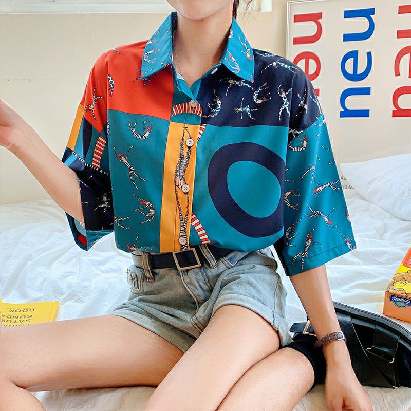 áo sơ mi nữ tay ngắn hàn quốc in họa tiết cực xinh