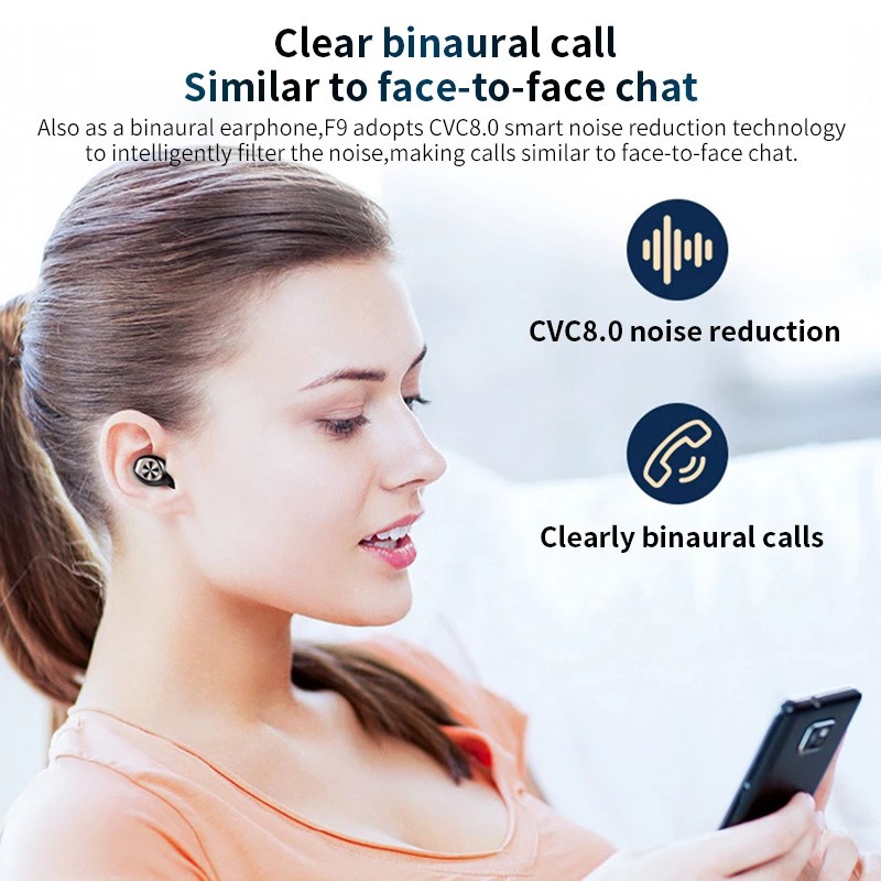 Tai nghe Bluetooth 5.0 TWS F9-34 cảm ứng có mic đàm thoại Âm thanh nổi cao cấp kết nối không dây