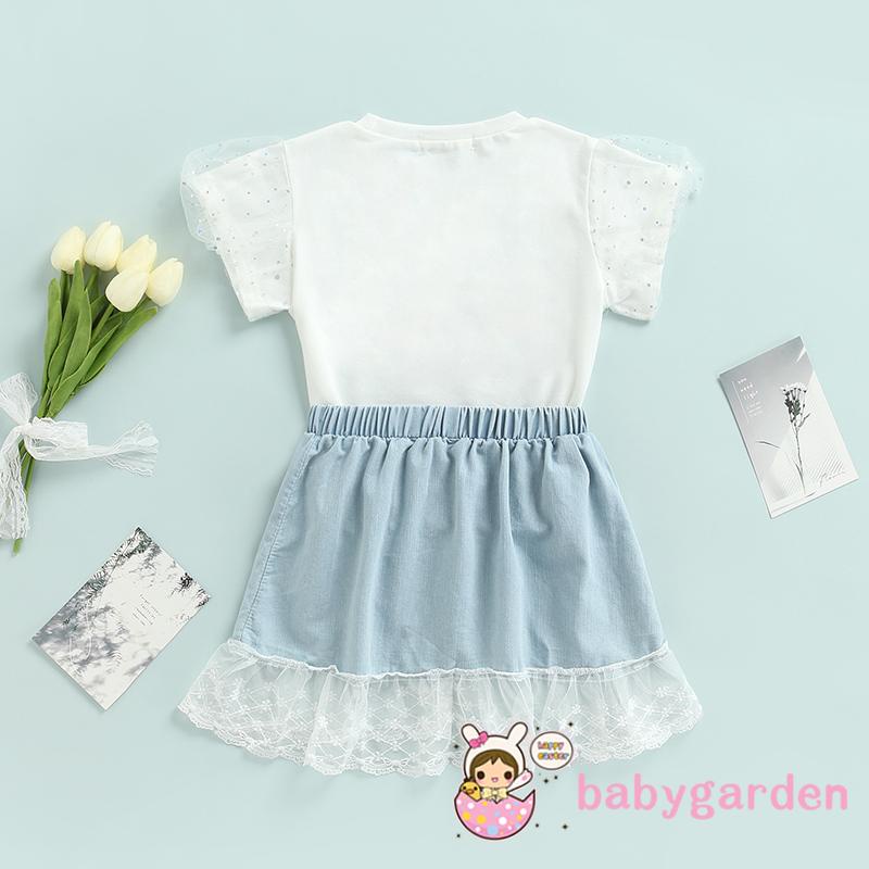 Bộ áo thun tay ngắn in hoạt hình + Chân váy jean phối lưới thời trang mùa hè cho bé gái 2-7 tuổi