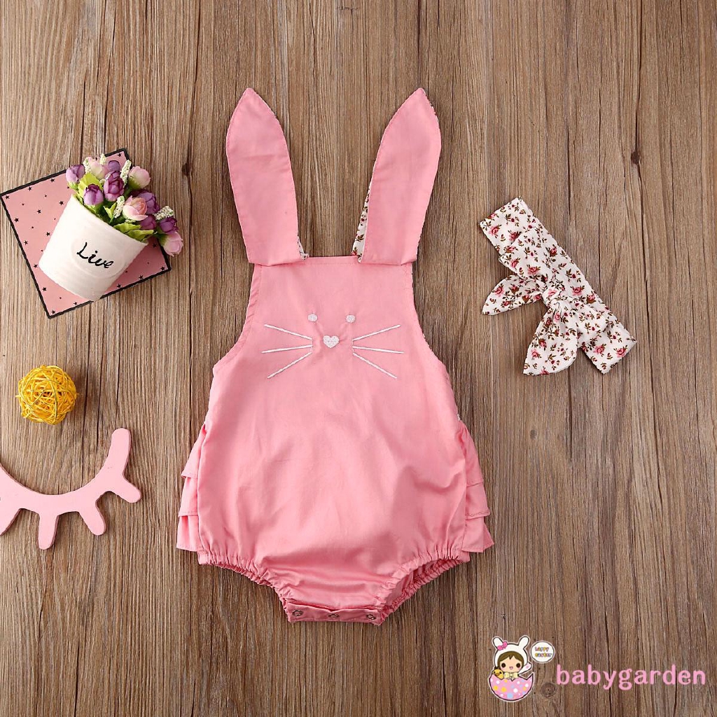 Bộ áo liền quần + băng đô in họa tiết hoạt hình dễ thương cho bé gái sơ sinh