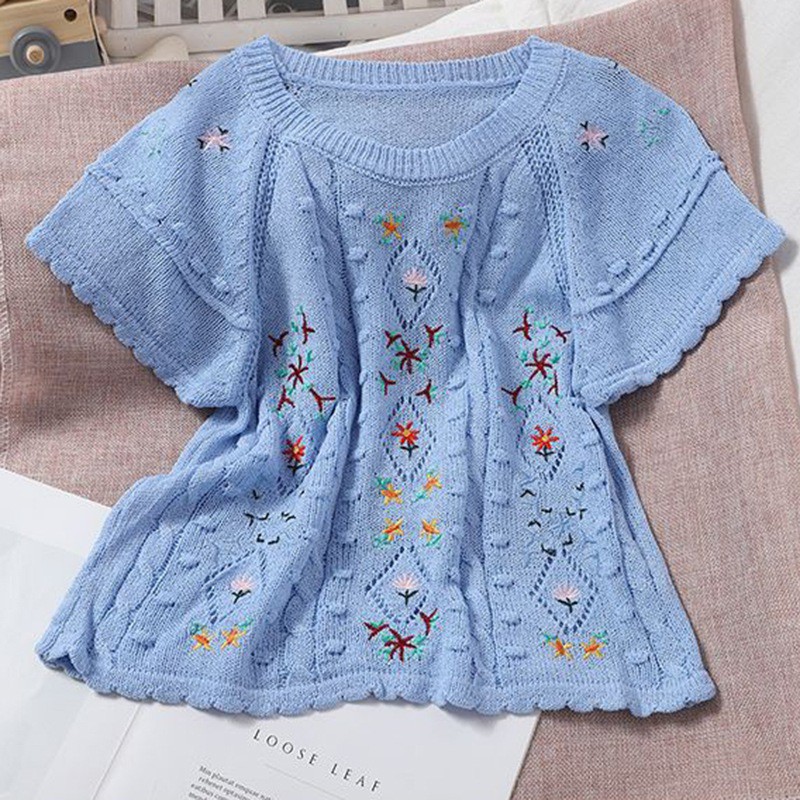 Áo Thun Dệt Kim Cổ Tròn Thêu Họa Tiết Xinh Xắn Kiểu Hàn Quốc Cho Nữ