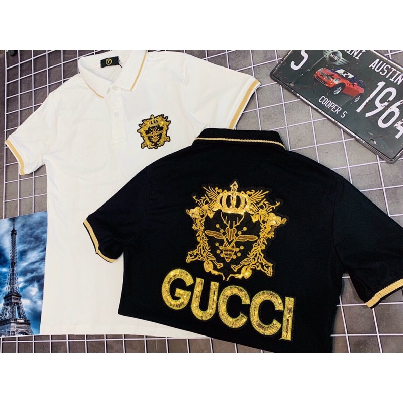 Áo thun cổ Polo đính kim sa Gucci King chất liệu cotton cao cấp