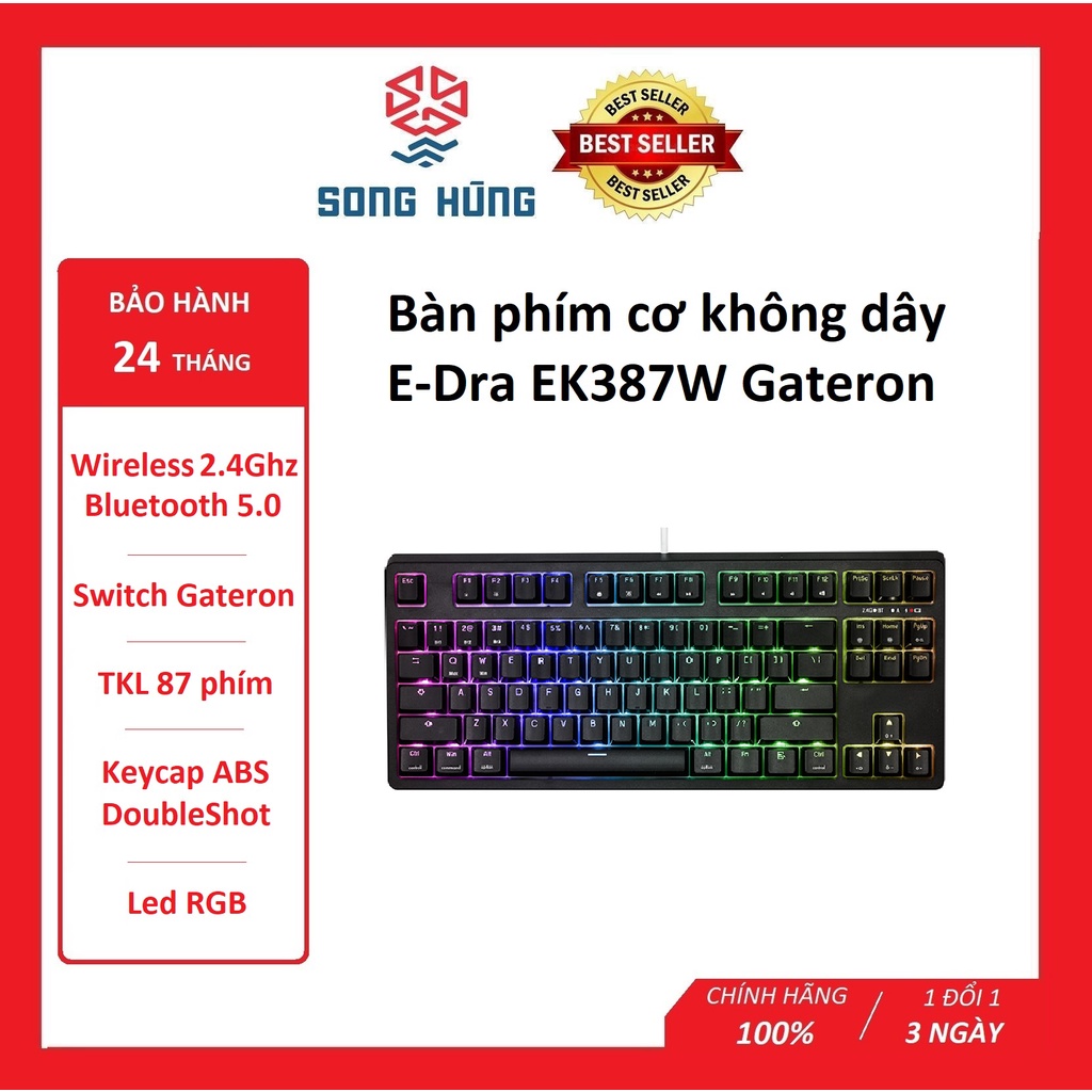 Bàn phím cơ không dây E-Dra EK387W Gateron (Brown / Red / Yellow / Black Switch) - Hàng chính hãng