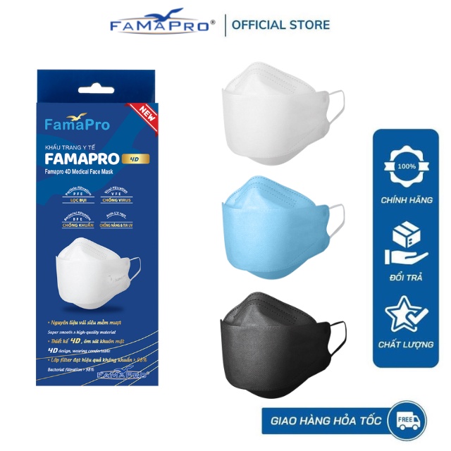 Khẩu trang y tế cao cấp kháng khuẩn 3 lớp Famapro 4D hộp 10 cái