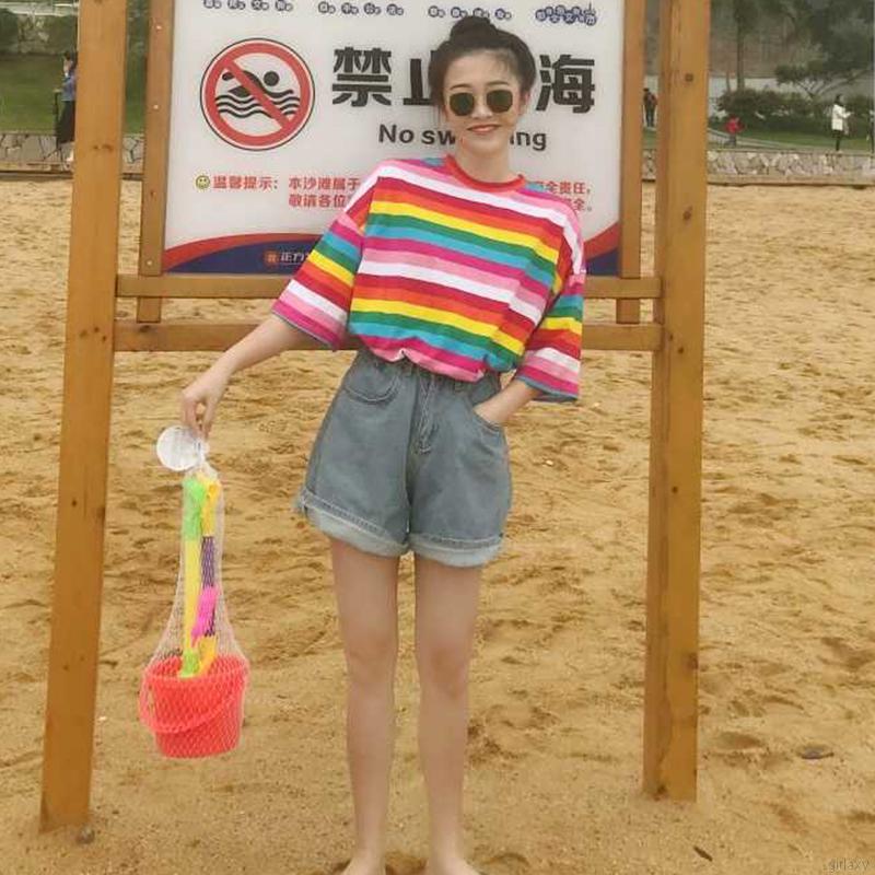 Áo Thun Nữ Tay Ngắn Kẻ Sọc Cầu Vồng Phong Cách Hàn Quốc