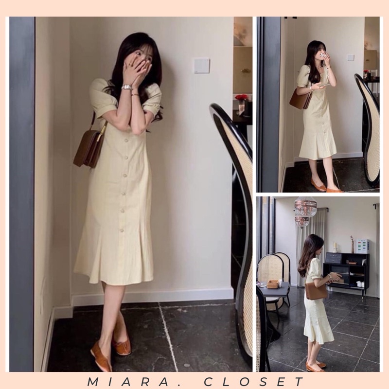 Váy Đuôi Cá màu Be Cúc Ngọc chất Thô Lụa ,Đầm bo Eo tôn dáng cực kỳ