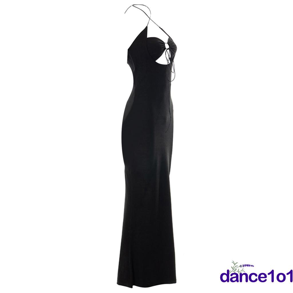 ✿CI✲Women Slim-fit Tie-up Sleeveless Solid Color Cutout Long Dress