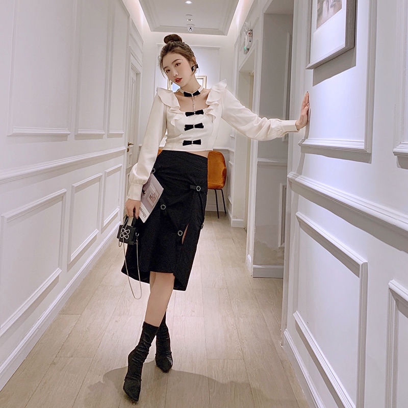 Set áo sơ mi thắt nơ/ chân váy dài lưng cao thiết kế mới phong cách Hàn Quốc thời trang mùa xuân cho nữ 2021