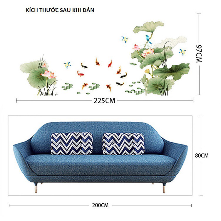 [ Best seller] Decal dán tường Đầm sen và cá chép Amy - Decal cao cấp Free ship 50k