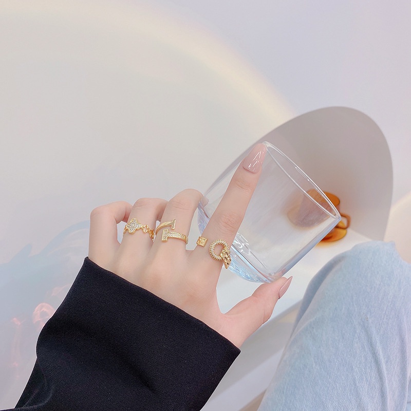 Nhẫn hở mạ vàng 14K hình chữ T đính đá zircon thời trang