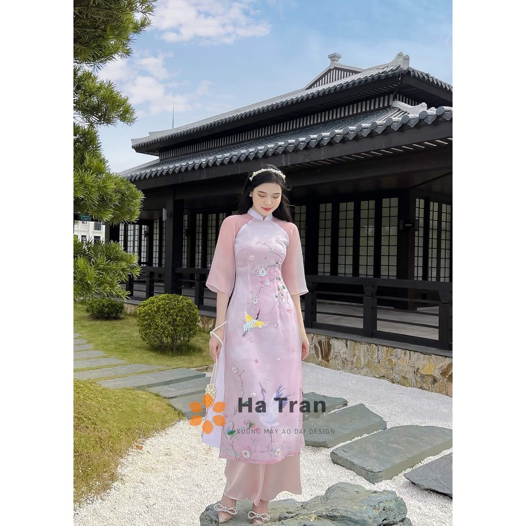 Áo dài cách tân chim đào kết kim sa nổi bật tiểu thư chụp ảnh đi chơi tết ANLAC