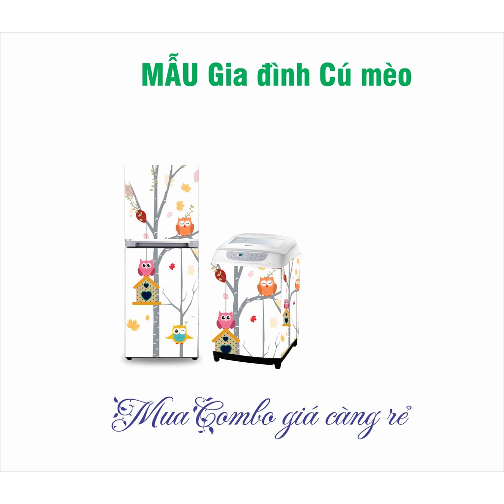 Combo miếng dán tủ lạnh + máy giặt không thấm nước mẫu cú mèo siêu Cute (Kèm lưỡi dao và tờ hướng dẫn)