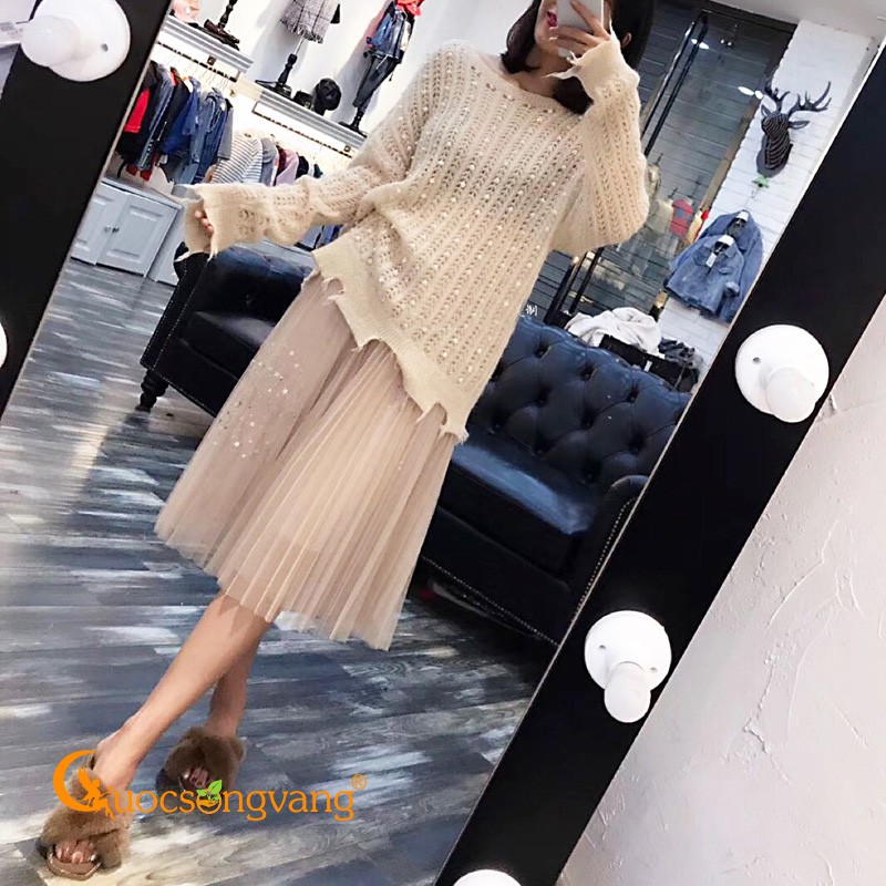Chân váy xếp ly ánh sao chân váy midi hai lớp màu kem GLV087 Cuocsongvang