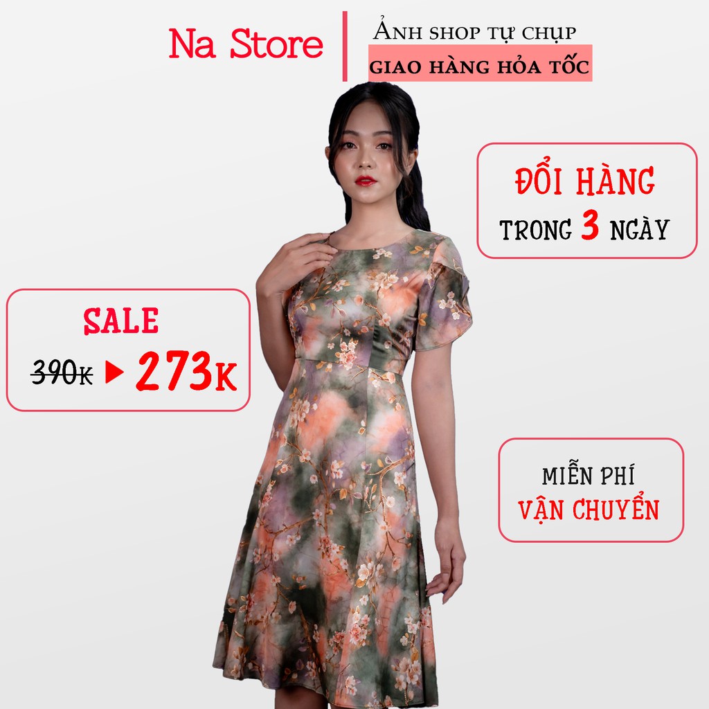 Đầm xòe cổ tròn tay búp sen lụa kim sa Na Store 1608