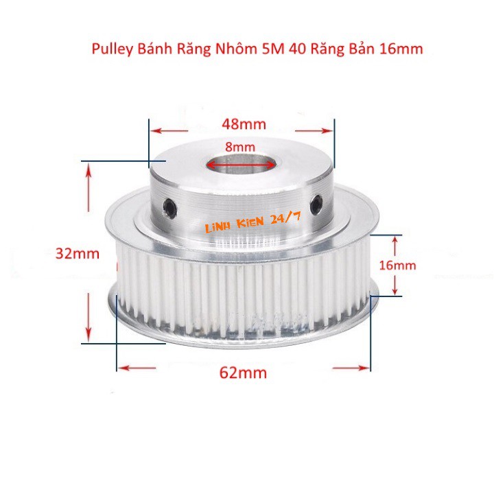 Puly Bánh Răng Nhôm 5M 40 Răng Bản 16mm Trục 8mm, 10mm