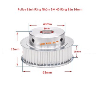 Puly Bánh Răng Nhôm 5M 40 Răng Bản 16mm Trục 8mm, 10mm